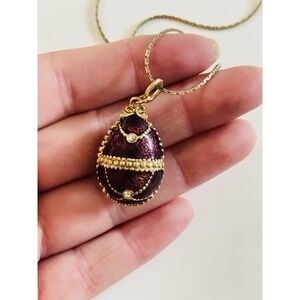 VTG Regal Enamel Egg Necklace Gold Plated Rhinestone Guilloche Charm Pendant 90s